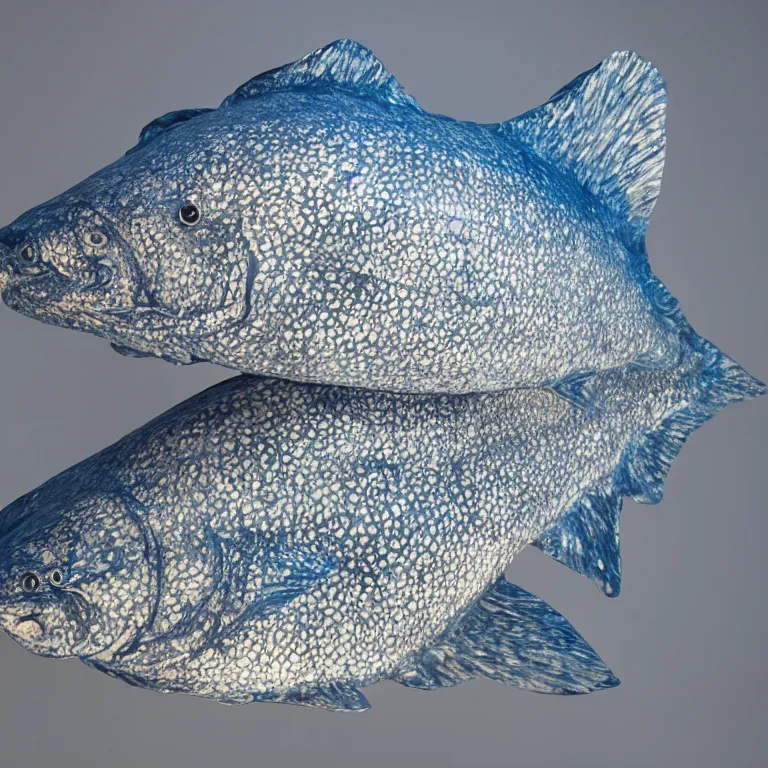 Image similar to hyperrealistic sculpture of a bronze fossilized flounder halibut on a pedestal made of gridded blue silicone and latex by ron mueck and duane hanson and lee bontecou, hyperrealistic dramatic colored lighting trending on artstation 8 k