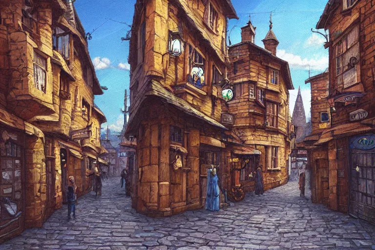 Image similar to a busy fantasy street looking down one street within a fascinating old city, quirky shops, narrow streets, old buildings, cobblestones on the ground, stone steps, street life, by Sylvain Sarrailh, single street, cinematic, simple but effective composition, clean lines, beautiful digital painting, oil painting, detailed, dungeons and dragons, lord of the rings