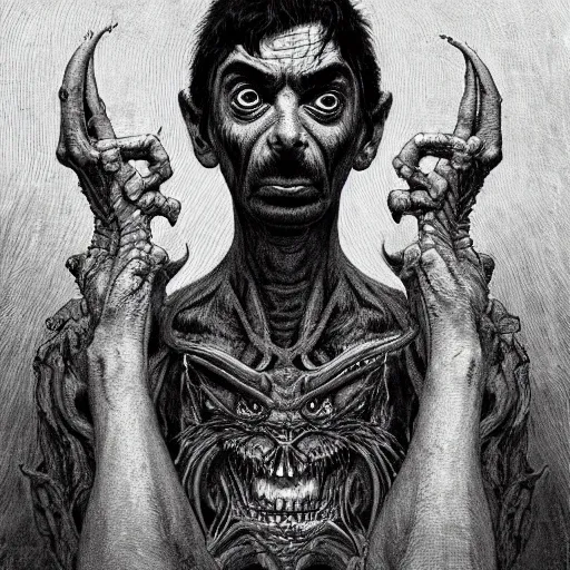 Image similar to Satanic Evil Mr. Bean with a seductive look, fullbody, psychedelic, intricate, horror, highly detailed, artstation, concept art, smooth, sharp focus, illustration, art by greg rutkowski and orientalism and bouguereau and Zdzislaw Beksinski, D&D, good clear quality, lighting, horror, evil, biology, symmetrical artwork, perfect face, 135 mm, cinematic, hyper realism, high detail, octane render, 8k, chrome accents