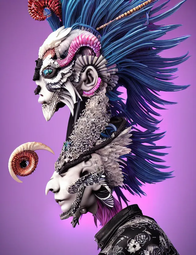 Image similar to 3 d goddess close - up profile portrait punk with mohawk with ram skull. beautiful intricately detailed japanese crow kitsune mask and clasical japanese kimono. betta fish, jellyfish phoenix, bio luminescent, plasma, ice, water, wind, creature, artwork by tooth wu and wlop and beeple and greg rutkowski