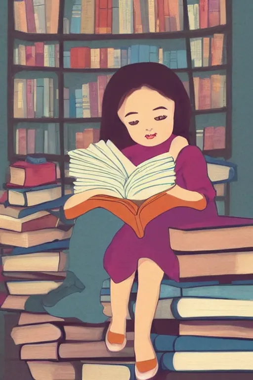 Prompt: a little girl sits cross legged on top of a tall pile of books. she is reading. clean elegant pretty cartoon painting, beautiful detailed face, storybook illustration.