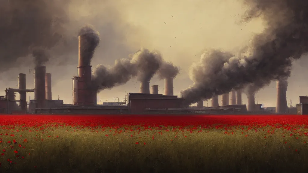 Image similar to super wide, big scene, a beautiful painting of a factory with smoking chimneys, red rose fields, dark style, little roses, very detailed, soft light effect, by thomas wrede and greg rutkowski and thomas heatherwick, 4 k hd, trending on artstation ， ultrawide viewn and highly detailed