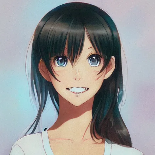 Prompt: A medium shot anime portrait of a happy brunette anime woman, a single short ponytail, parted light brown hair, bare forehead, blue-eyed, blue eyes, thick eyebrows, big round nose, closed lips, wearing a t-shirt, solid blue background, by Stanley Artgerm Lau, WLOP, Rossdraws, James Jean, Andrei Riabovitchev, Marc Simonetti, and Sakimi chan, trending on artstation