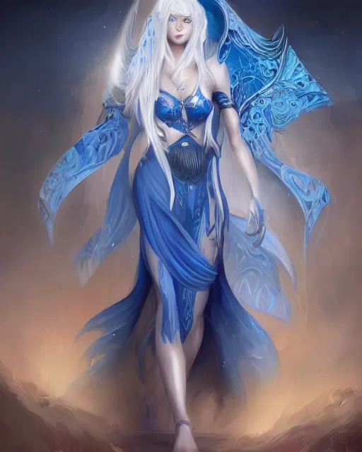 Image similar to A beautiful mysterious girl with hooded cobalt-blue eyes and silky white hair, guitar shape build, her wardrobe is attractive, full body, fantasy art, in the style of Tony Sart, illustration, epic art, fantasy, intricate, elgant, amazing detail, digital painting, artstation, concept art, smooth, sharp focus