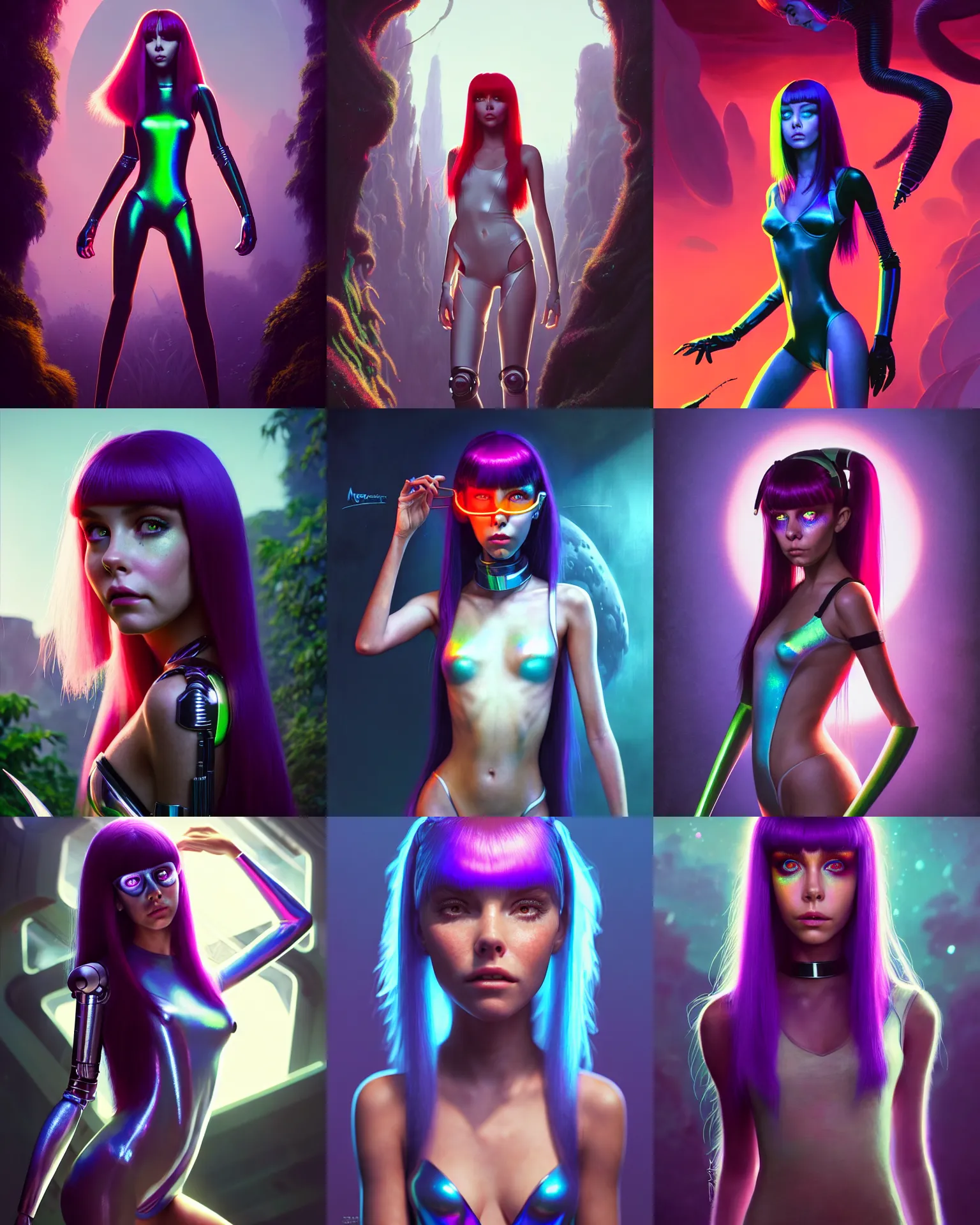 Prompt: a portrait photo of madison beer : : college woman : : as future leeloo cyborg woman on a lush alien world by weta : : by greg rutkowski, wlop, rossdraws, artgerm, pixar, disney, dr seuss, unreal engine, glossy skin, iridescent, chrome, 4 k, hdr, bright morning, leeloo outfit, : :