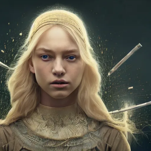 Prompt: epic cinematic shot of beautiful scandinavian princess with symmetrical face stunning eyes and long blonde surrounded by bullets and bulletholes, weta disney pixar, hi - fructose, decadent highly - detailed digital painting, golden ratio, octane render, artstation, cinematic composition, smooth, sharp focus, artgerm, mucha, loish, wlop hdr