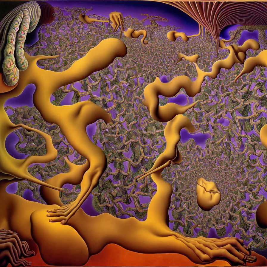 Prompt: strange loop of consciousness, recursion, fractals, surreal, by salvador dali and mc escher and alex grey, oil on canvas, weird, dreams, fantasy, intricate details, soft lighting, warm colors