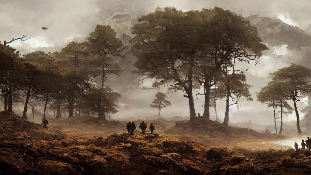 Prompt: a group of soliders in a stunning landscape by jakub rozalski