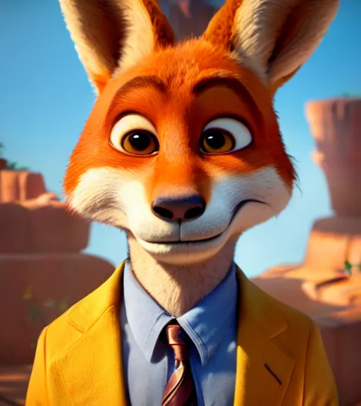 Image similar to a film still from zootopia main character portrait anthro anthropomorphic fox head animal person fursona nick wilde pixar and disney animation, sharp, rendered in unreal engine 5, anime key art by greg rutkowski, bloom, dramatic lighting