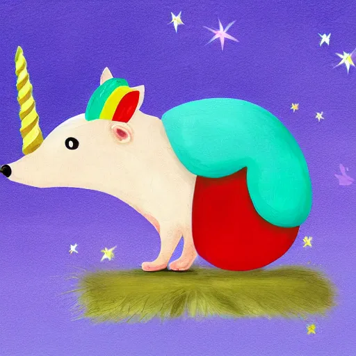 Image similar to a hedgehog riding on a unicorn, digital painting realism