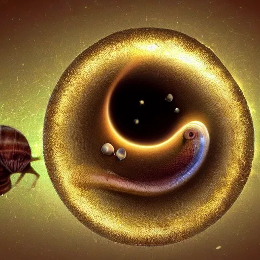 Prompt: A snail watching everything slowly get sucked into a blackhole while the time slowly reaches it's end