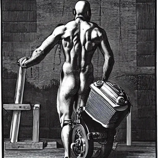 Image similar to a muscular bald man carrying engines on his back, technical diagram