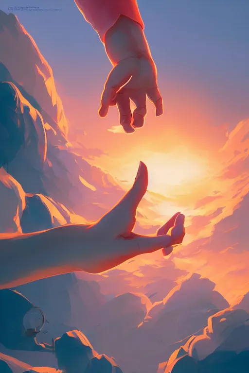 Image similar to a hand reaching out to another hand, behance hd by jesper ejsing, by rhads, makoto shinkai and lois van baarle, ilya kuvshinov, rossdraws global illumination ray tracing hdr radiating a glowing aura