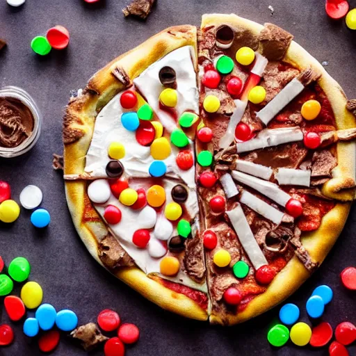 Image similar to pizza with nutella, skittles, gummi bears, and candy toppings, whipped cream