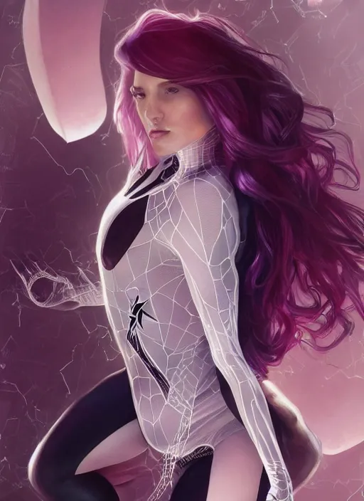 Image similar to ultra realistic illustration, bella thorne as spidergwen, intricate, elegant, highly detailed, digital painting, artstation, concept art, smooth, sharp focus, illustration, art by artgerm and greg rutkowski and alphonse mucha and wlop