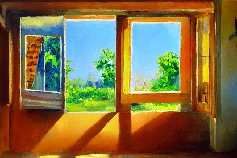 Image similar to rays of the morning sun shining through the window of the village house. very beautiful, clear sky, warm shiny colors, oil painting