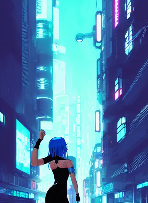 Image similar to digital illustration of cyberpunk pretty girl with blue hair, wearing a tight black dress, in city street at night, by makoto shinkai, ilya kuvshinov, lois van baarle, rossdraws, basquiat