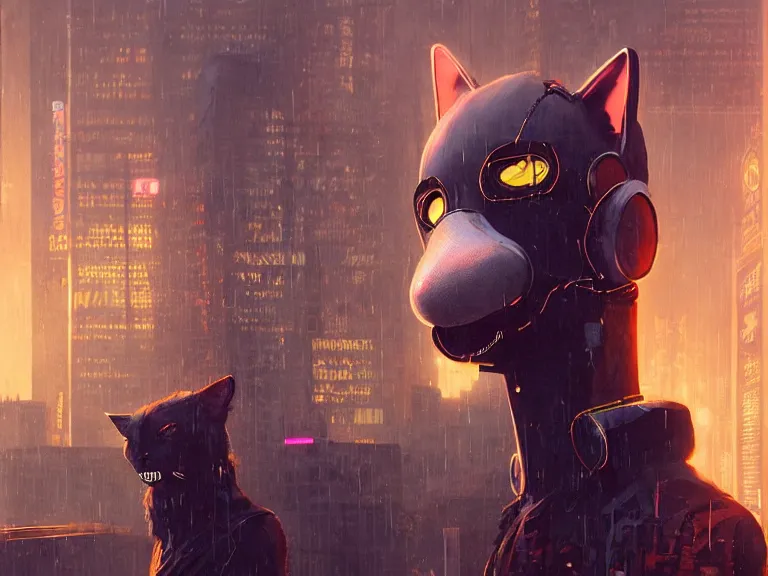 Image similar to new york city portrait of furry anthro anthropomorphic cat head animal person fursona wearing clothes strange cybernetic muzzle gloomy rainy screenshot from the video game cyberpunk 2077 digital art by Greg Rutkowski, Simon Stalenhag, christopher nolan trending on Artstation, CGSociety