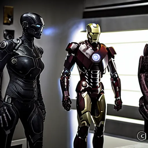 Image similar to prometheus movie still frame, onyx and alabaster mcu ironman by giger, cyclop android - one eyed cyborg by giger