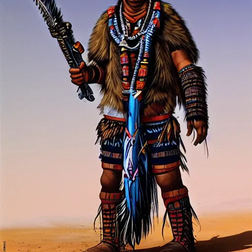 Prompt: a native american/aztec cybernetic mercenary in the style of Jean Giraud detailed realistic HD 8k High Resolution