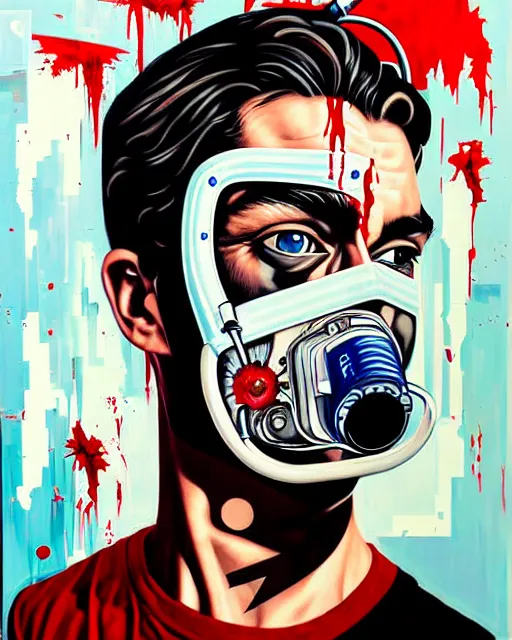 Image similar to portrait of a man wearing oxygen mask, has a gun, blood, a pistol with sea background intricate details with horror side profile by Sandra Chevrier