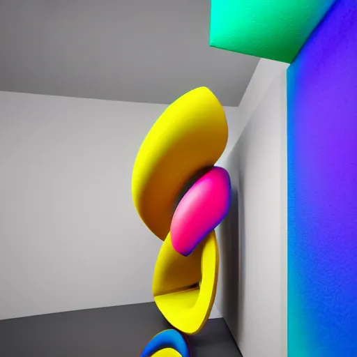 Prompt: : colorful abstract sculpture on the wall in modern architecture cinematic lighting, hyper - realistic, detailed, render by c 4 d octane, unreal engine, 8 k 3 d render