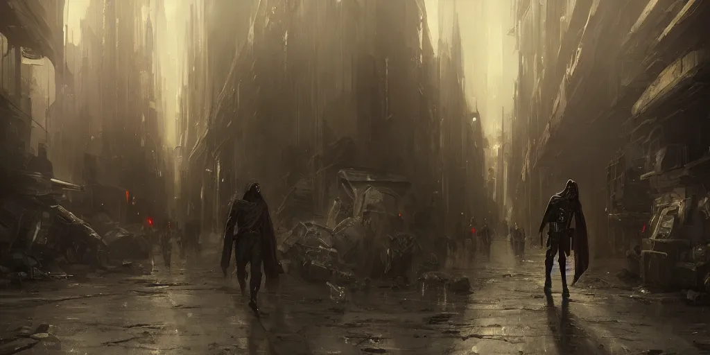 Image similar to a painting of a cinematic keyframe of star wars a dark sith black hooded from behind in a dark dystopian cyperpunk city slums, heavy atmosphere and smoke by greg rutkowski, rule of thirds, golden ratio, ambient lighting, wlop, artgerm, artstation, highly detailed masterpiece, dark fantasy art, high detail, trending on artstation