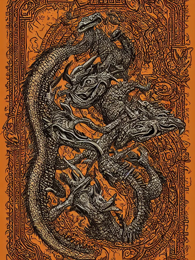 Image similar to aztec book decorative border frame, crocodile reptilian motifs, d & d, fantasy, intricate, elegant, highly detailed, digital painting, artstation, illustration, hearthstone