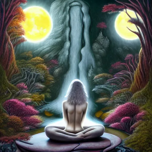 Image similar to an athromorphic wolf character meditating in a zen garden with a waterfall under the blood moon, by Adi granov and afarin sajedi and amanda sage and evgeni gordiets and Agostino Arrivabene and adonna khare in a psychedelic portrait style, ultrarealistic matte painting, volumetric lighting, fractal, extremely symmetrical, highly detailed face, orisha, 8k, hd