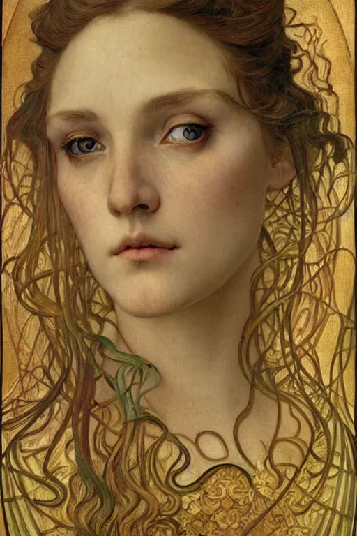 Image similar to detailed realistic beautiful young medieval queen face portrait by jean delville, alphonse mucha, vincent van gogh, and marco mazzoni, art nouveau, symbolist, visionary, gothic, pre - raphaelite