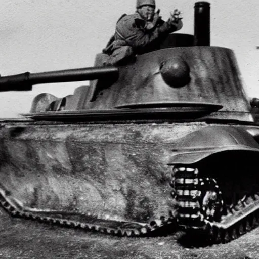 Image similar to old photograph of fat cat driving a world war 2 tank