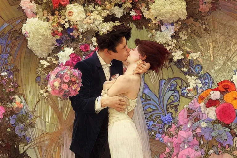 Image similar to the groom kisses the bride at a wedding full of flowers, bright and happy, dreamlike art, highly detail, 4 k realistic, wedding photoy krenz cushart. artem demura. alphonse mucha. yoji shinkawa artgerm. jon lothian. danilo torres. adi meyers. thomas reimann. gaston bussiere.