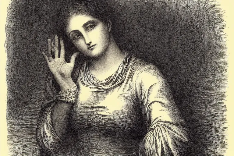 Prompt: woman hand, soft light, Gustave Dore lithography