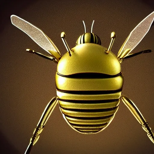 Image similar to 3d bee made of metal, shiny, playing drums onstage