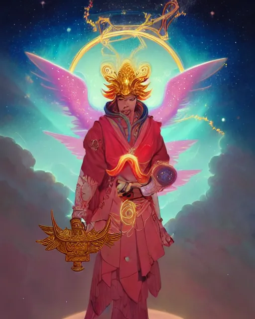 Image similar to a character portrait of only one male angel of justice with golden fiery wings, surrounded with spiriling sparkling rose crystals and galaxies, by peter mohrbacher, hyper light drifter, jim burns, greg rutkowski, in ukiyo - e style trending on artstation