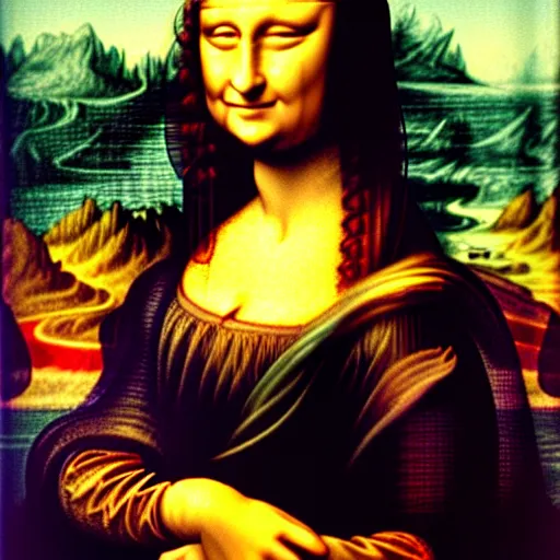 Prompt: davinci's mona lisa but she's from the 8 0 s