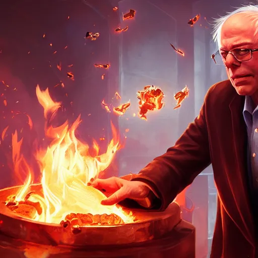 Image similar to portrait of bernie sanders burning money, league of legends amazing splashscreen artwork, splash art, natural light, elegant, photorealistic facial features, intricate, fantasy, detailed face, atmospheric lighting, anamorphic lens flare, cinematic lighting, league of legends splash art, hd wallpaper, ultra high details by greg rutkowski