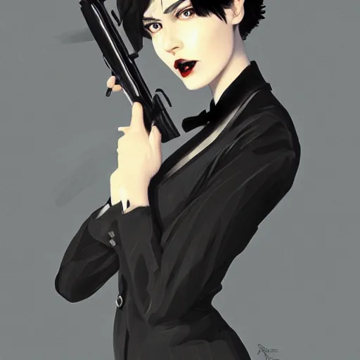 Image similar to girl in tuxedo with black chaotic wavy short haircut, elegant, 2d, ultra highly detailed, digital painting, smooth, sharp focus, artstation, art by Ilya Kuvshinov