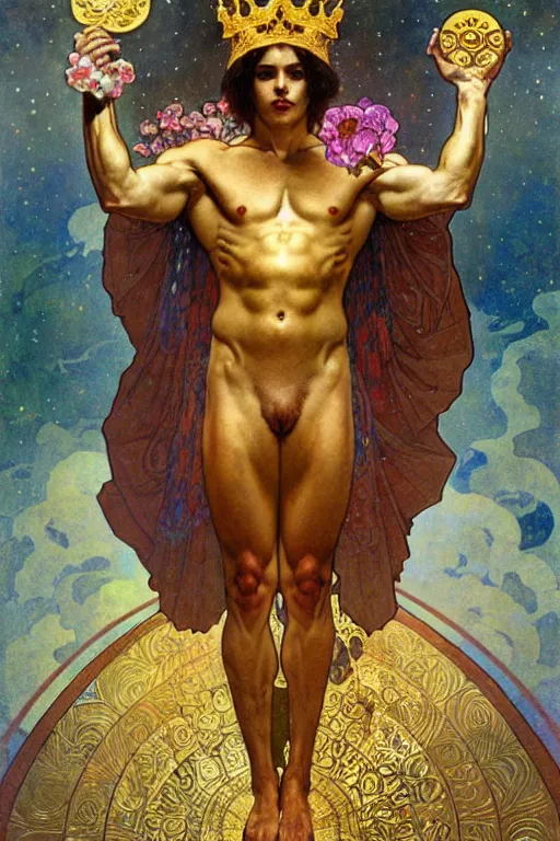 Prompt: a god wearing clothes and golden crown, holding a star, muscular, flowers, amazing, tarot art, painting by greg rutkowski, alphonse mucha, gustav klimt