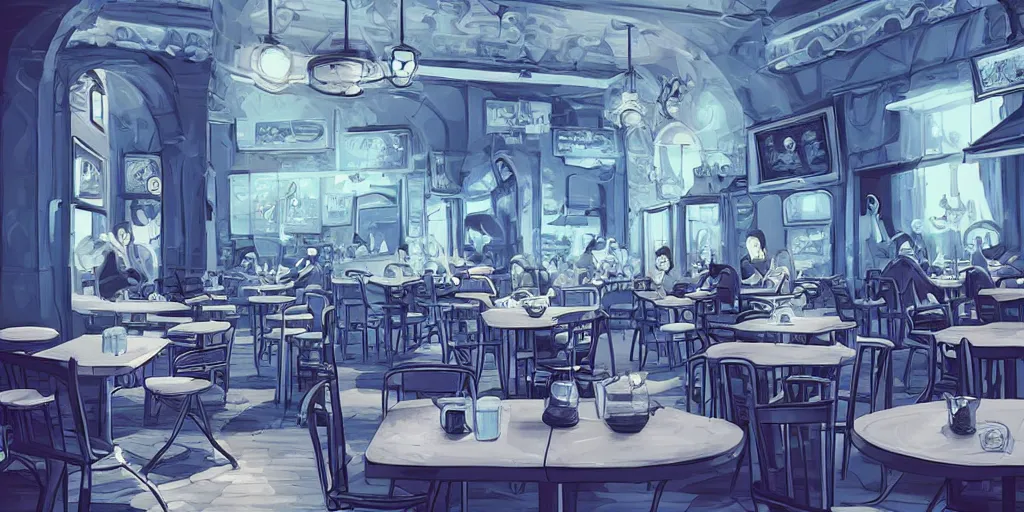 Prompt: cafe interior, blue tones, fantasy art, 2 d game art