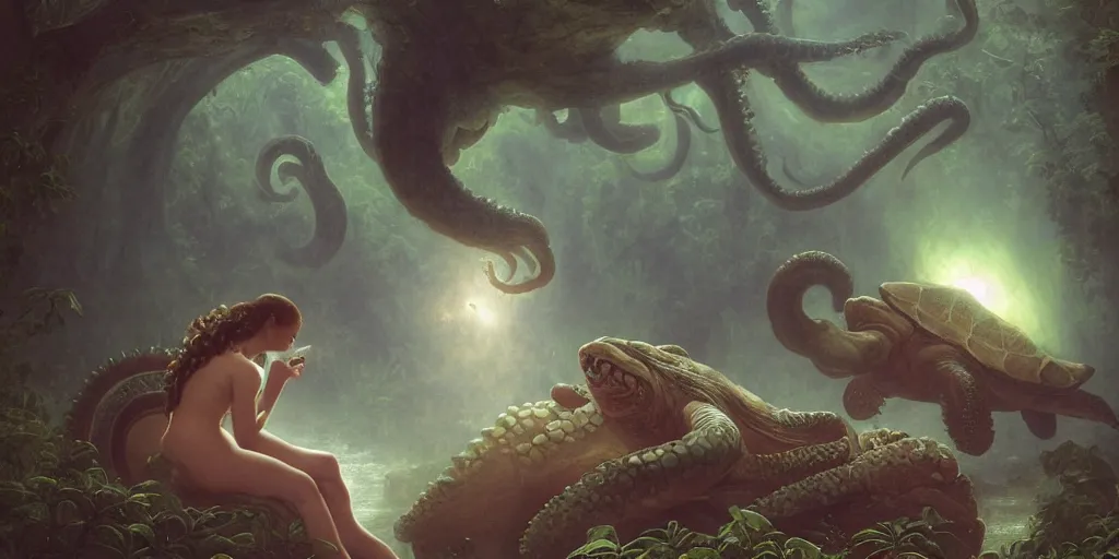 Prompt: Fantasy fairytale story, Great Leviathan Turtle, cephalopod, Cthulhu Squid Terrapin, Mysterious Island, center Universe, hybrid, Reptilian Cyborg, intense celestial fantasy atmospheric lighting, hyper realistic, William-Adolphe Bouguereau, François Boucher, Jessica Rossier, Michael Cheval, michael whelan, Cozy, hot springs hidden Cave, Forest, candlelight, natural light, lush plants and flowers, Spectacular Mountains, bright clouds, luminous stellar sky, outer worlds, Golden dapple lighting, Solar Flare Unreal Engine, HD,