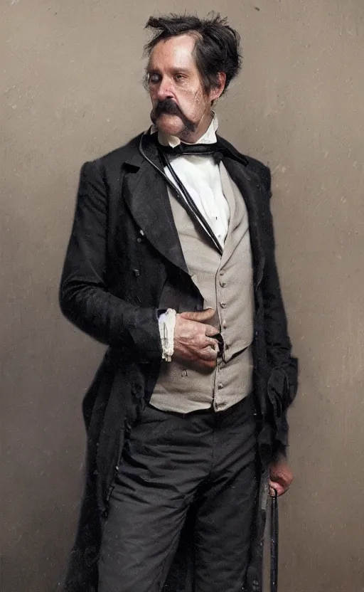 Prompt: Portrait of a middle-aged victorian gentleman wearing a waistcoat, male, detailed face, victorian, highly detailed, cinematic lighting, digital art painting by greg rutkowski