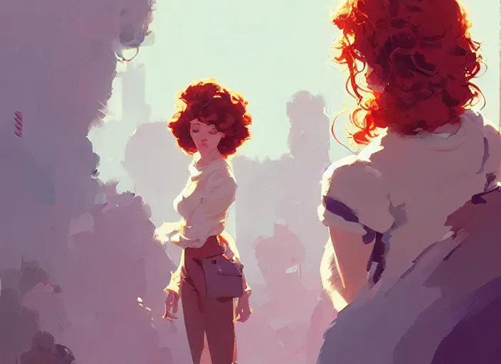 Image similar to portrait woman with short ginger curly hair in the crowd, by atey ghailan, by greg rutkowski, by greg tocchini, by james gilleard, by joe fenton, by kaethe butcher, by ashley wood, dynamic lighting, gradient light blue, brown, blonde cream and white color scheme, grunge aesthetic