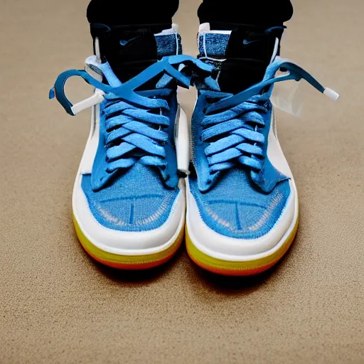Image similar to a studio photoshoot of Nike Off-white Jordan 1 sneakers designed by Virgil Abloh, denim and transparent knitted mesh material, gum rubber outsole, realistic, color film photography by Tlyer Mitchell, 35 mm, Graflex