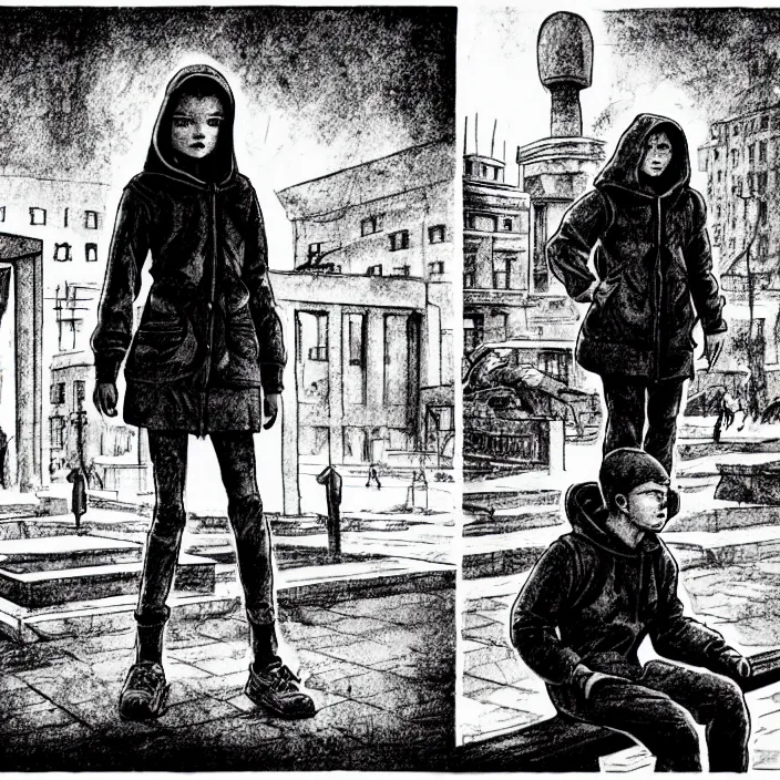 Image similar to storyboard : sadie sink in hoodie sat down on bench in ruined square, pedestrians walk by, soviet monument and propaganda posters. scifi cyberpunk. by gabriel hardman. cinematic atmosphere, detailed and intricate, perfect anatomy