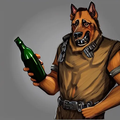 Image similar to a humanoid german shepherd beast - man in military style, holding a bottle of beer, artstation, concept art, smooth, sharp foccus ilustration, artstation