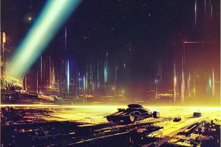 Image similar to C-beams glittering in the dark near the Tannhäuser Gate by john harris and john berkey, matte, masterpiece, atmospheric, wide angle shot