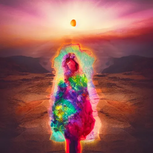 Image similar to A picture of a planet of various colors and plants, in which a human figure dressed in something magical and impressive, inside a picture of infinity, sunset light, Atmospheric Phenomenon art photography