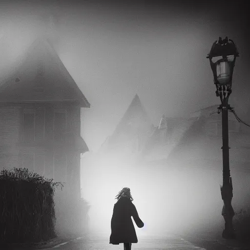 Image similar to girl in a creepy town covered in heavy fog and monsters