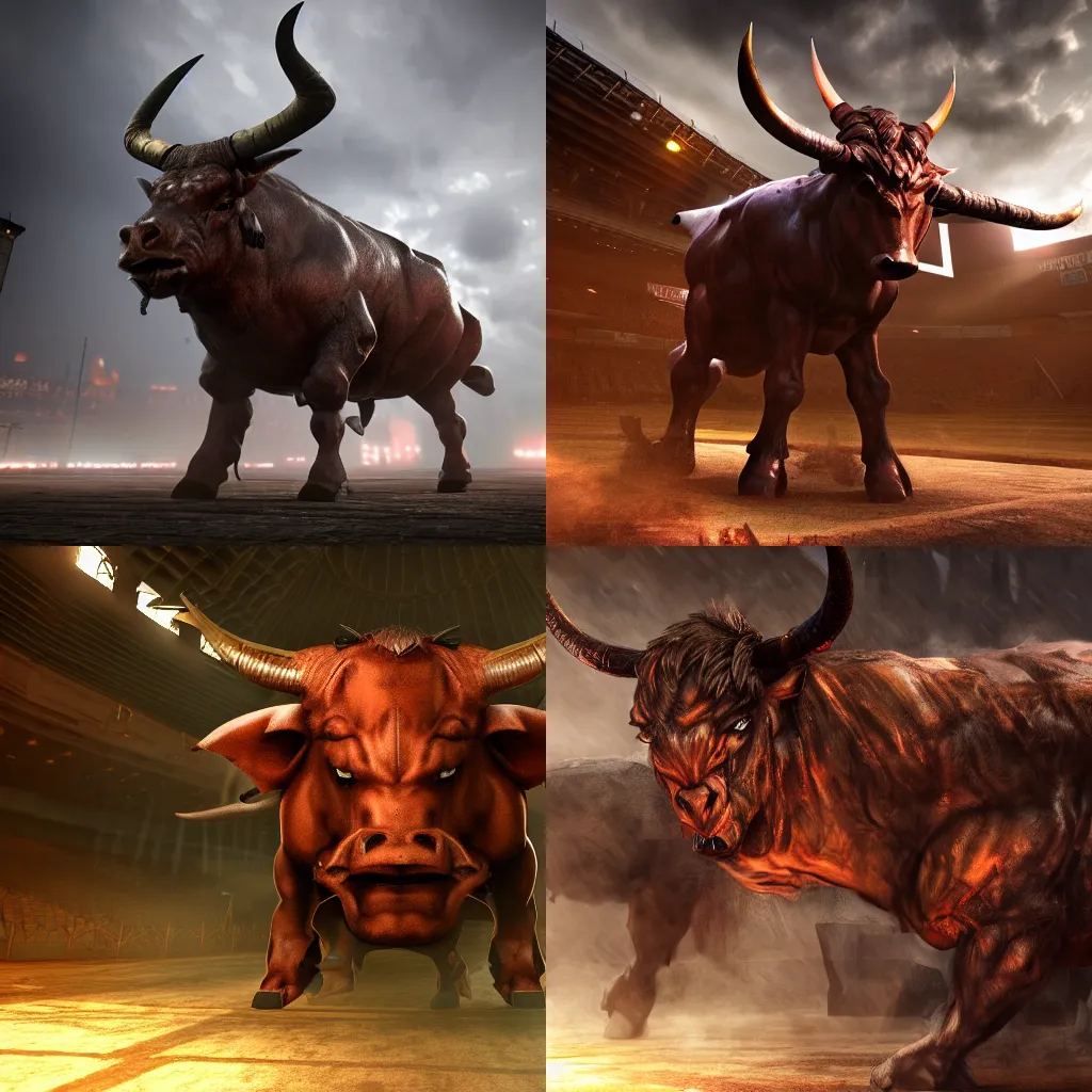 Prompt: menacing looking minotaur, in an arena. Trending in Artstation, high detail, volumetric lighting, realistic